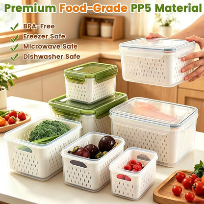 TBMax 8 Pieces Airtight Fruit Storage Containers for Fridge with Air Circulation Vent, 4 Pack Produce Saver with Colander for Berry Lettuce Salad Vegetable Storage, Refrigerator Organizers