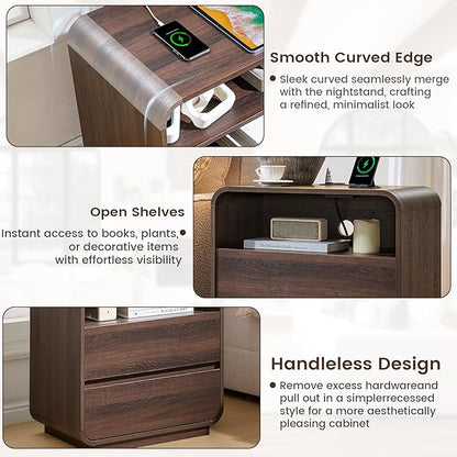 Modern Walnut Nightstand, 25" Tall Wooden Bedside Table with Charging Station, 2 Storage Drawers Side Table Curved Profile, Handleless, Large End Table Night Stand for Bedroom, Office
