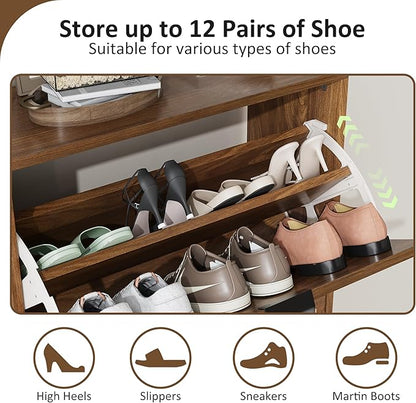 Shoe Cabinet Storage for Entryway with 2 Flip Drawers, Narrow Shoe Cabinet for Entryway, Hidden Slim Shoe Organizer Rack Cabinet (Brown, 23.6" W)