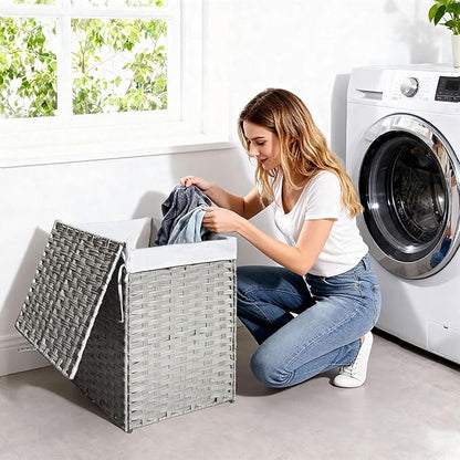 Woven Laundry Hamper with Lid,34 Gal(130 L) Rattan Wicker Laundry Basket 2 Sections with Lid, Removable Machine Washable Line, Large Clothes Hamper with Handles for Bathroom Bedroom, Gray