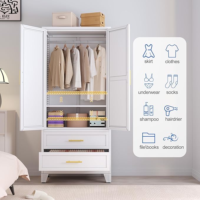 Steel Armoire Wardrobe Closet with Mirror, 71" Metal Clothes Storage Cabinets with 2 Doors, 1 Adjustable Shelf, 2 Drawers, Metal Wardrobe Cabinet with Hanging Rod for Bedroom, Gym, Cloak(White)