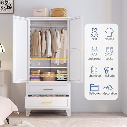 Steel Armoire Wardrobe Closet with Mirror, 71" Metal Clothes Storage Cabinets with 2 Doors, 1 Adjustable Shelf, 2 Drawers, Metal Wardrobe Cabinet with Hanging Rod for Bedroom, Gym, Cloak(White)