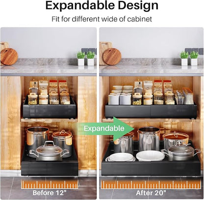 4 Pack Pull out Cabinet Organizer, Expandable(12"-20") Heavy Duty Slide out Drawer Fixed with Adhesive Nano Film for Pots, Roll out Shelf Storage for Kitchen Organization, Pantry, Bathroom(Black)
