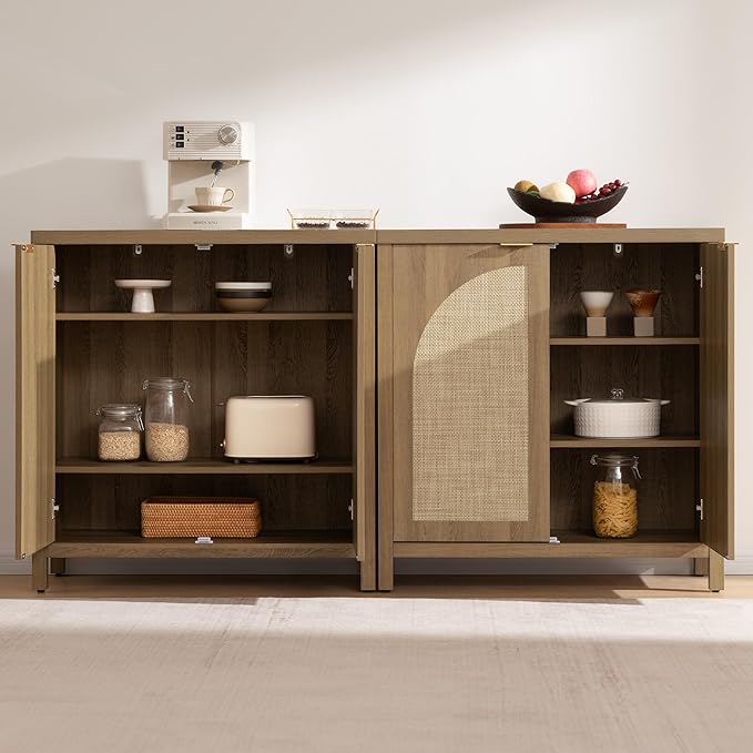 SICOTAS 68" W Rattan Sideboard Buffet Cabinet with Storage Set of 2, Mid Century Modern Credenza with Arch Doors & Shelves Farmhouse Coffee Bar Media Console Cabinets for Living Room, Entryway
