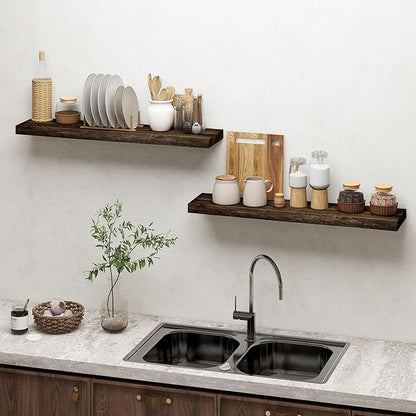 Dreamland Wood Floating Shelves 36 Inch Long, Rustic Solid Elm Wood Live Edge Shelves for Home Decor, 8 Inch Deep Wall Shelf for Living Room Bathroom Bedroom Kitchen, Walnut Color, Set of 2