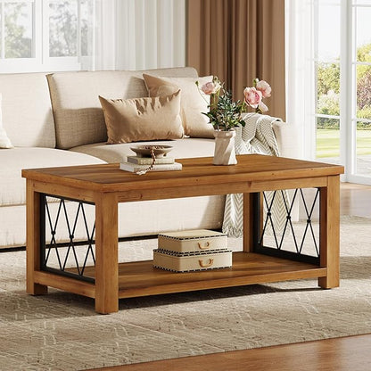 47.2" Solid Wood Coffee Table, Farmhouse Rectangular Center Table, 2-Tier Low Cocktail Tea Table, Rhomboid Metal Frame, Easy Assembly, for Living Room, Bedroom, Balcony & Office