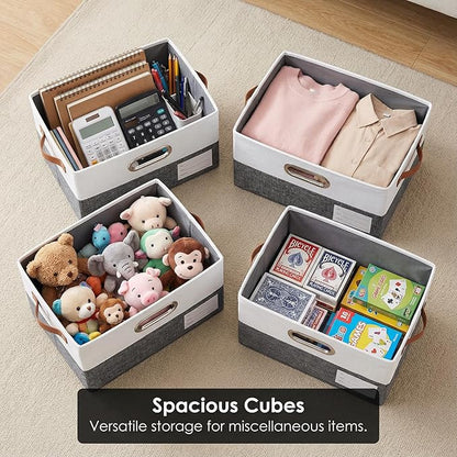 PRANDOM Storage Bins with Lids [3-Pack] Linen Fabric Foldable Storage Boxes Organizer Containers Baskets Cube with Cover for Bedroom Closet Office Grey&White（11.4X8.6X6.7