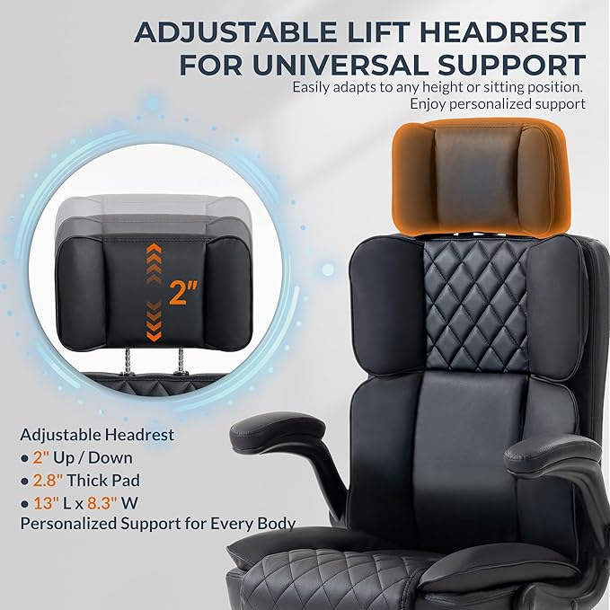 Office Chair with Adjustable Headrest, Faux Leather Executive Home Office Desk Chairs with Ergonomic Back Support, Padded Flip-Up Armrests, Swivel Rolling Computer Chair for Work, Study, Black