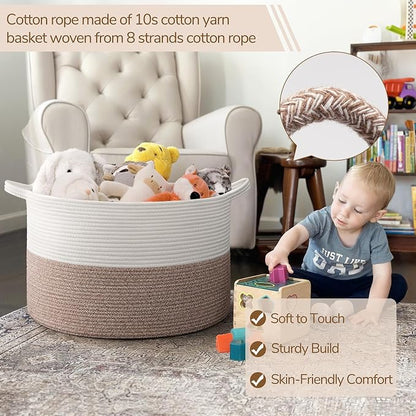 INDRESSME Large Blanket Basket, Laundry Toy Storage Baskets, Decorative Woven Basket for Living Room & Nursery, Baskets for Gifts Empty, Laundry, Dog Toys, Towels, White & Brown, 19.7" D x 12.6" H