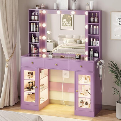 Purple Vanity Desk with Mirror and Lights, Glass Top Vanity with Lighted Mirror & RGB Glass Cabinet and 3 Drawers, Makeup Desk with Lights Dressing Table for Bedroom, 3 Color Modes