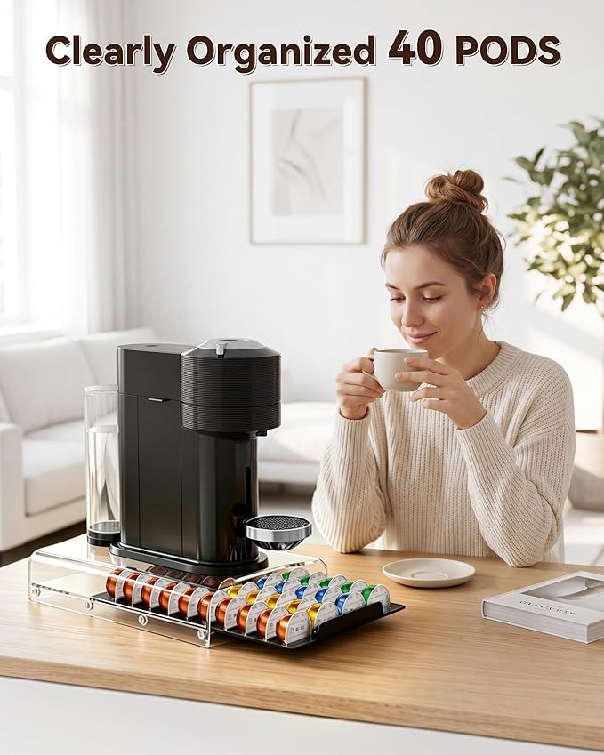 Upgraded Nespresso Vertuo Pod Holder,Clear Acrylic Coffee Pod Drawer Organizer with 40 Pods Capacity,Smooth Gliding Roller & Heavy Duty 48lbs Top Load,Anti-Drop Nespresso Vertuo Capsule Storage