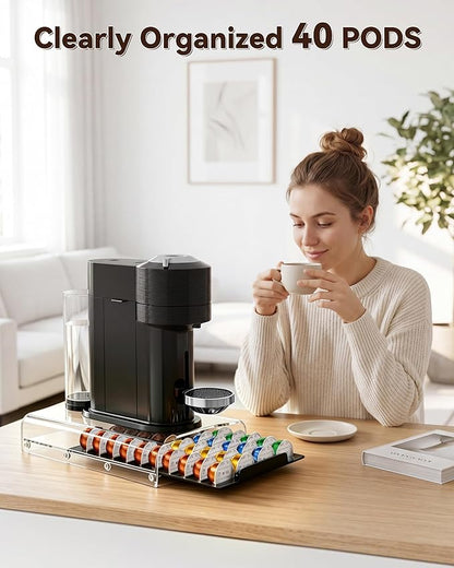 Upgraded Nespresso Vertuo Pod Holder,Clear Acrylic Coffee Pod Drawer Organizer with 40 Pods Capacity,Smooth Gliding Roller & Heavy Duty 48lbs Top Load,Anti-Drop Nespresso Vertuo Capsule Storage