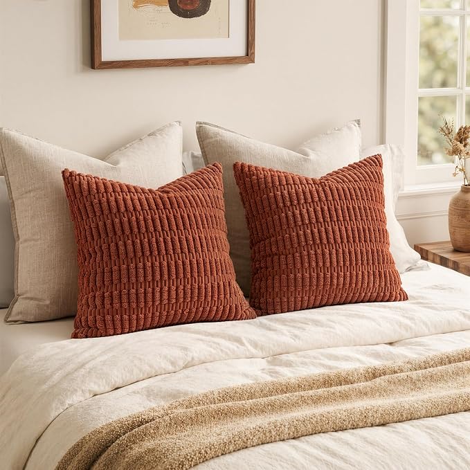 MIULEE Pack of 2 Rust Corduroy Decorative Pillow Covers 20x20 Inch Soft Boho Striped Throw Pillow Covers Modern Farmhouse Home Decor for Summer Sofa Living Room Couch Bed