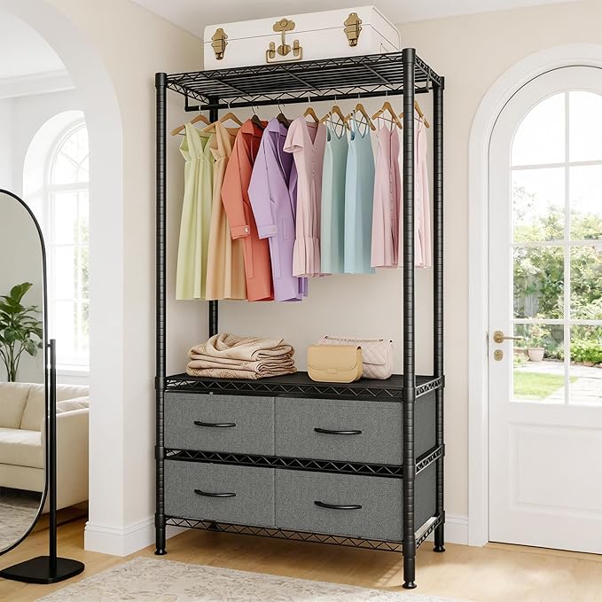 Heavy Duty Clothes Rack With 4 Fabric Drawers and Adjustable Shelves, Freestanding Clothing Rack with Hanging Rod for Hanging Clothes, 71.5" H x 35.2" W x 15.4" D