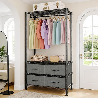 Heavy Duty Clothes Rack With 4 Fabric Drawers and Adjustable Shelves, Freestanding Clothing Rack with Hanging Rod for Hanging Clothes, 71.5" H x 35.2" W x 15.4" D