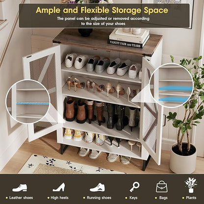 Maupvit 42.1" Farmhouse Shoe Cabinet with Ventilated Mesh Doors, 6-Tier Shoe Storage Cabinet with Adjustable Shelves & Metal Legs, Rustic Wooden Shoe Rack Organizer for Entryway, Hallway, Foyer, White