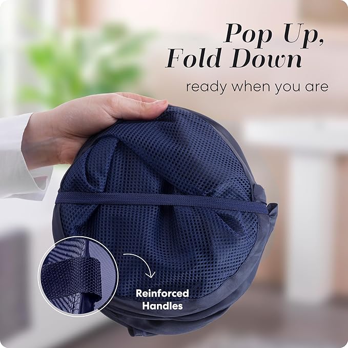 Handy Laundry Collapsible Mesh Pop Up Laundry Hamper 2-Pack – Large Foldable Laundry Basket with Side Pocket, Breathable & Durable, Space-Saving for Clothes, Toys, Travel, Dorm, Bedroom, Blue