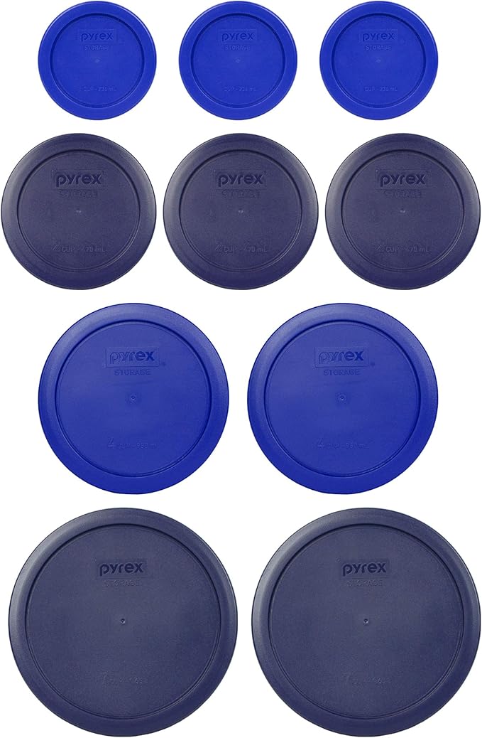 Pyrex (3) 7202-PC 1-Cup Cadet Blue, (3) 7200-PC 2-Cup Blue, (2) 7201-PC 4-Cup Cadet Blue, & (2) 7402-PC 6/7-Cup Blue Lids - Made in USA