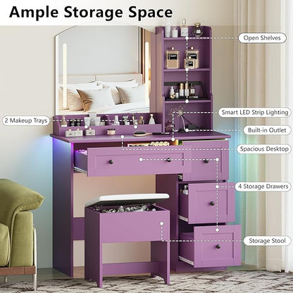 Vanity Desk with Mirror and Lights & Power Outlet, Makeup Vanity Set with Chair & RGB Ambient Light, Girls Vanity Dressing Table with 3 Lighting Modes & Adjustable Brightness for Bedroom, Purple