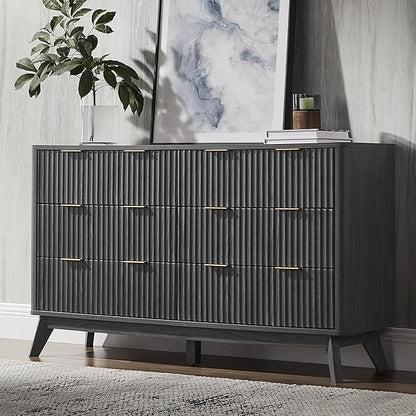 T4TREAM Fluted 6 Drawers Dresser, 54" Wide Modern Chest of Drawers, Curved Profile Design, Dresser TV Stand, Wood Drawer Organizer for Bedroom, Living Room, Hallway, Dark Alder