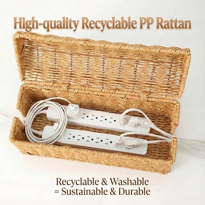 Cable Management Box, Handwoven Rattan Cable Organizer, Cord Organizer Box to Hide Cords & Power Strip, Boho Wire Hider Basket for Home Office, Dome Cover, Natural