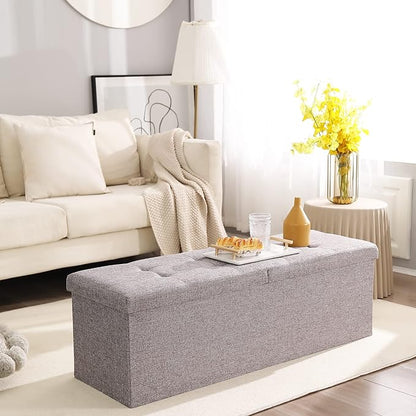 Cuyoca 45.3 Inches Foldable Seat Footrest Shoe Bench End of Bed Storage with Flipping Lid, 166L Upholstered Tufted Bench, Linen Fabric Grey