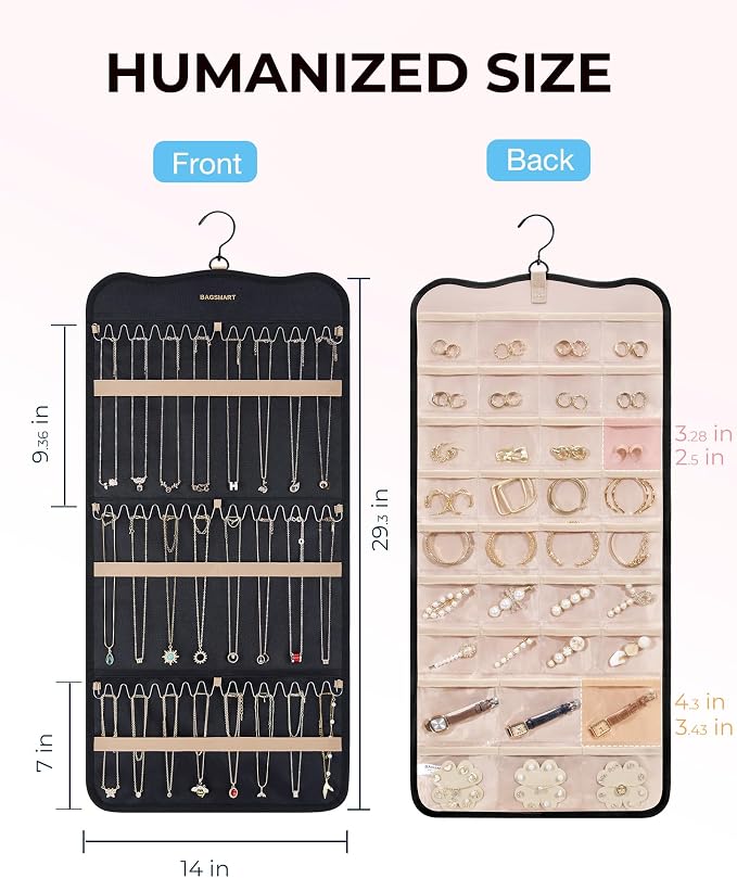 BAGSMART Hanging Jewelry Organizer Storage with Hanger Metal Hooks Double-Sided Jewelry Holder for Earrings, Necklaces, Rings on Closet, Wall, Door, 1 piece Large Black