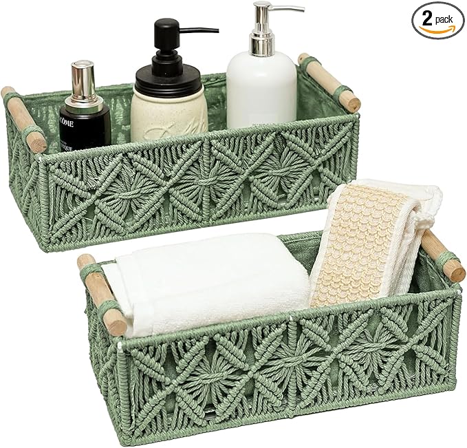 HOSROOME Macrame Boho Decor Baskets for Organizing Woven Decorative Basket for Countertop Toilet Paper Basket for Tank Top for Home Decor Bedroom Nursery Livingroom Entryway (Set of 2,Green)