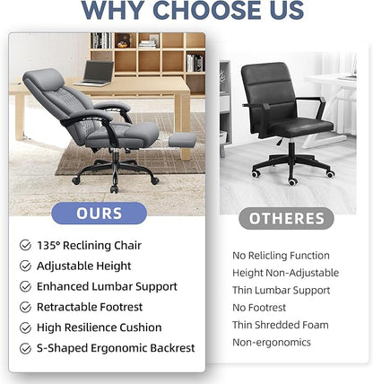 Office Chair, Big and Tall Office Desk Chair, Reclining Office Chair with Footrest Home Office Desk Chairs, High Back Ergonomic with Lumbar Support, Executive Leather