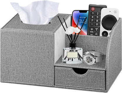 Nightstand Organizer with Tissue Holder,PU Leather Square Tissue Box Cover,Modern Facial Paper Organizer Storage Box for Remote Control,Bathroom,Vanity Countertop,End Table Home Office.Gray