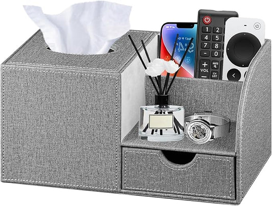 Nightstand Organizer with Tissue Holder,PU Leather Square Tissue Box Cover,Modern Facial Paper Organizer Storage Box for Remote Control,Bathroom,Vanity Countertop,End Table Home Office.Gray