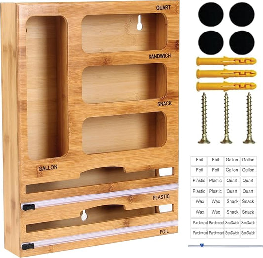 Bag Storage Organizer for Kitchen Drawer and Plastic Wrap Dispenser with Cutter, 6 In 1 Large Capacity Bamboo Foil and Plastic Bag Food Baggie Organizer for Snack, Sandwich, Gallon, Quart