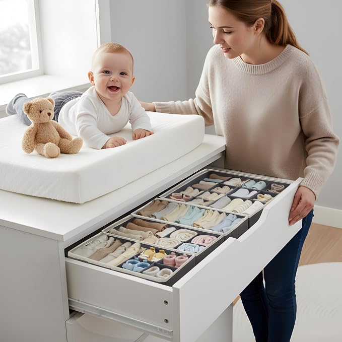 DECOMOMO Adjustable Drawer Organizer Clothes, 12 Pack Fabric Storage Bins, Drawer Dividers, Baby Dresser Organizer for Nursery, Underwear, Bra, Socks (Grey)