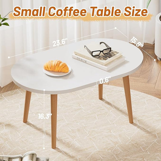 Small Coffee Table, Low Table with Solid Wood Legs, 23.6" Mini Oval Accent Table Side End Table, Floor Table Desk for Sitting on The Floor, Coffee Tea Table for Living Room, Dorm, Apartment, White
