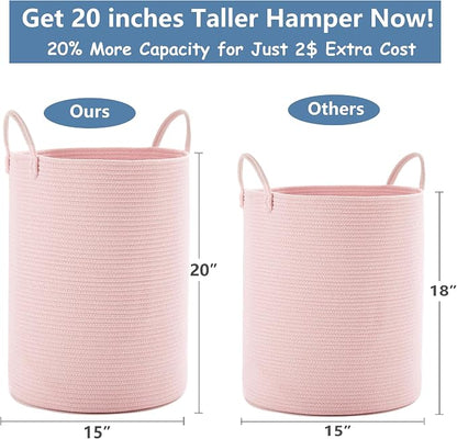Large Pink Laundry Basket 15x20 Inches, 60L Woven Rope Hamper for Baby Girls and Kids, Tall Nursery Storage Bin, Kawaii Bedroom Laundry Hamper