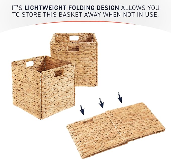 Ornavo Home 13 x 13 Inch Water Hyacinth Baskets Set of 8 – Handwoven Collapsible Wicker Storage Cube Bins with Handles for Bathroom, Bedroom, Laundry and Pantry - Natural