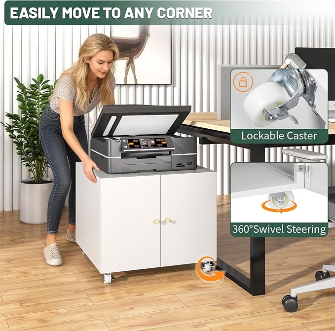 TEEALUBAN Printer Stand with Storage Cabinet with Wheels,3D Heavy Duty Metal Large Printer Table with Adjustable Shelf for Home Office, Mobile Printer Cart,White,17.72" H