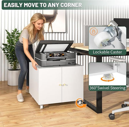 TEEALUBAN Printer Stand with Storage Cabinet with Wheels,3D Heavy Duty Metal Large Printer Table with Adjustable Shelf for Home Office, Mobile Printer Cart,White,17.72" H