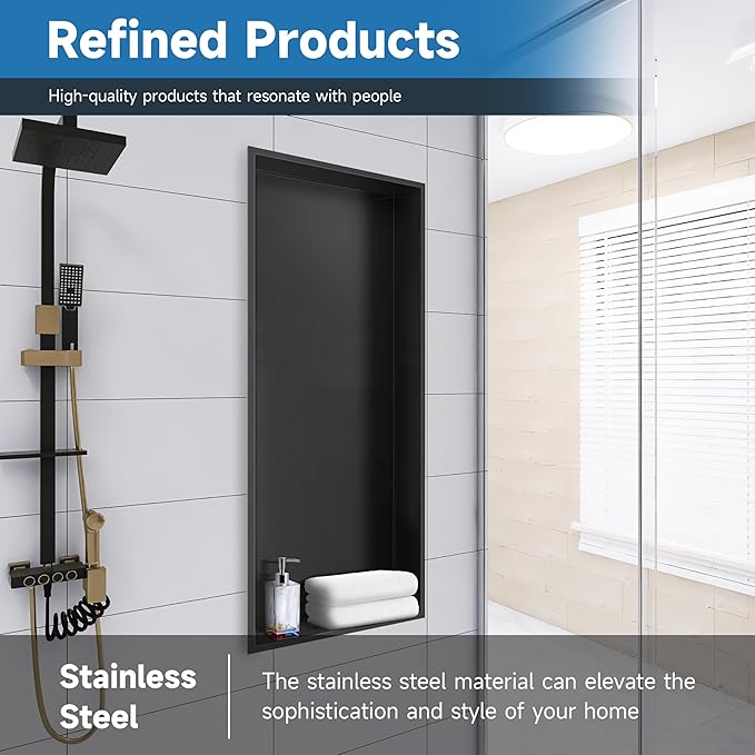 Shower Niche Insert Tile Ready, Bathroom Livingroom Wall Niche, Long Shower Niche 37" X 13", Black, No Tile Needed Over Mount Installation