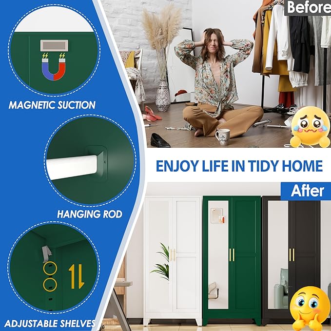 Metal Wardrobe Cabinet with Mirror and Hanging Rod, 71" Metal Clothing Storage Cabinets with 2 Doors and Adjustable Shelves, Green Armoire Wardrobe Closet for Bedroom, Laundry Room, Cloak Room