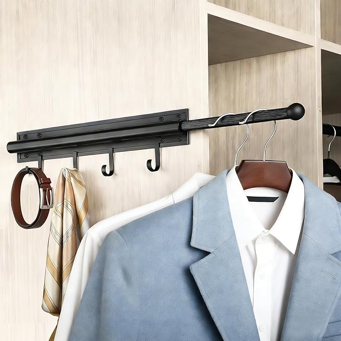 12 in Valet Rod for Closet Pull Out – Closet Valet Rod Slide Out, Heavy Duty with 4 Hooks, for Hanging Clothes/Hats/Belts & Closet/Laundry Room Organization – Black