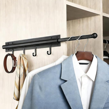 12 in Valet Rod for Closet Pull Out – Closet Valet Rod Slide Out, Heavy Duty with 4 Hooks, for Hanging Clothes/Hats/Belts & Closet/Laundry Room Organization – Black