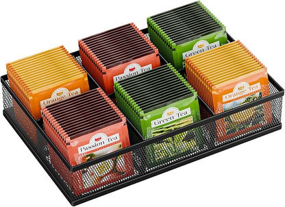 Tea Bag Organizer 6 Grids. Mesh Tea Bag Holder with Handle, Teabag Holder, Tea Station Organizer for Countertop, Pantry, Kitchen, Cabinet - Black