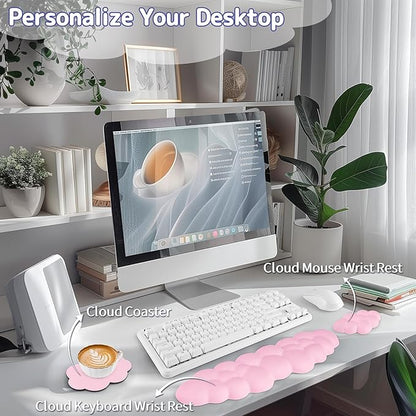 Sushret Cloud Wrist Rest Keyboard, Cloud Keyboard Wrist Pad Set with PU Leather Memory Foam, Cute Arm Rest for Palm Support, PC/Gaming Desk Accessories/Office Setup/Computer Hand Cushion - Pink