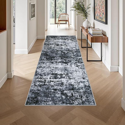 Washable Area Rug 3x8 Entryway Rug: Washable Modern Abstract Soft Thin Rug Indoor Floor No Slip Stain Resistant Carpet for Bedroom Dining Room Farmhouse Nursery Home Office - Black