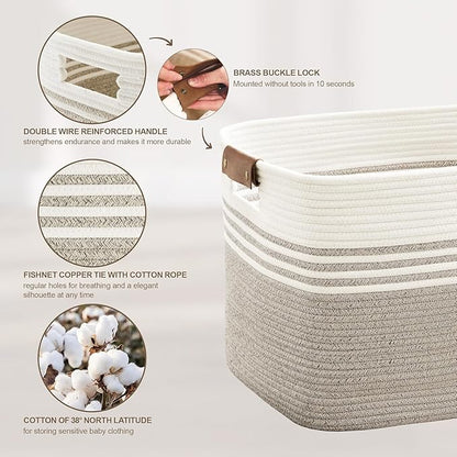SunNewt 100L Extra Large Laundry Basket with Leather Handles for Living Room Storage, Woven Rope Baskets for Blanket, Kids Toy, Gifts, Wicker Hamper for Bedroom Dirty Clothes, 24"x16"x16" White Brown