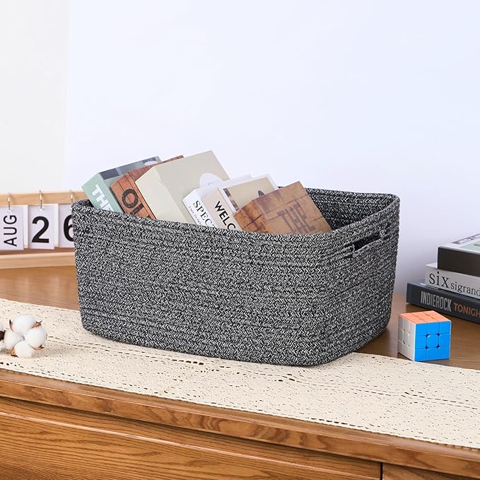 MiniArk Large Storage Baskets for Organizing, Closet Shelf Baskets for Clothes Blanket Towels, Baby Nursery, Toy Bins Box, Woven Rope Baskets, 17 x 13 x 7.5”, 4 Packs Dark Gray
