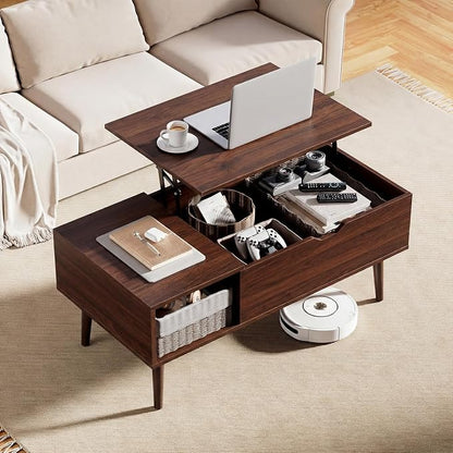 Sweetcrispy Coffee Table Lift Top Coffee Tables for Living Room,Small Rising Wooden Center Tables with Storage Shelf and Hidden Compartment, Dark Brown