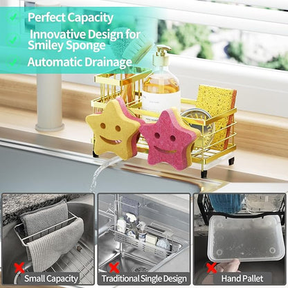 HapiRm Sink Caddy Sponge Holder - Self-draining Kitchen Sink Organizer with Smiley Face and Brush Holder, Stainless Steel Kitchen Sponge Caddy for Countertop - Gold