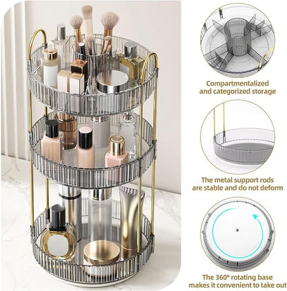 360° Rotating Makeup Organizer, Large-Capacity Skincare Make Up Storage 3 Tier Perfume Organizers Cosmetic Dresser Organizer with Makeup Brush Holder, Fits Bedroom, Bathroom, Vanity Shelf Countertop